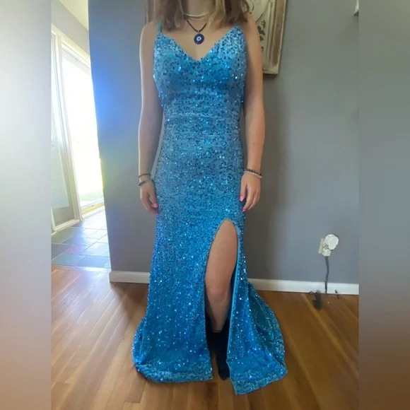Dresses | Blue Mermaid Sequence Prom Dress Size Petite 3petite 5 Thigh Slit  | Poshmark